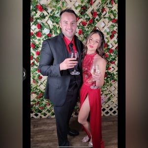 Custom Rose Appliqué Red lace double slit open back gown dress long